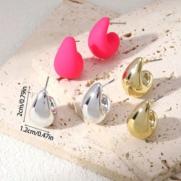 ✨🆕✨ Elegant Punk Boho Water Drop Stud Earrings in Pink, Gold, Silver ✨3 Pairs✨ - Picture 8 of 12